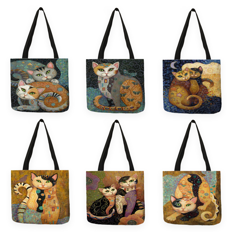 B13070 Abstract Religie Kat Print Casual Tote Cartoon Afdrukken Vrouwen Handtas Herbruikbare Shopper Tassen