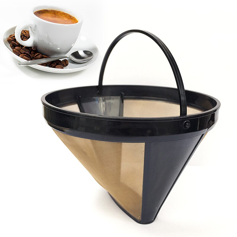 1pc Washable Handle Coffee Filter Stainless Steel Reusable Coffee Filter Cone-Style Refillable Gold Mesh Cafe Maker Machine Tool