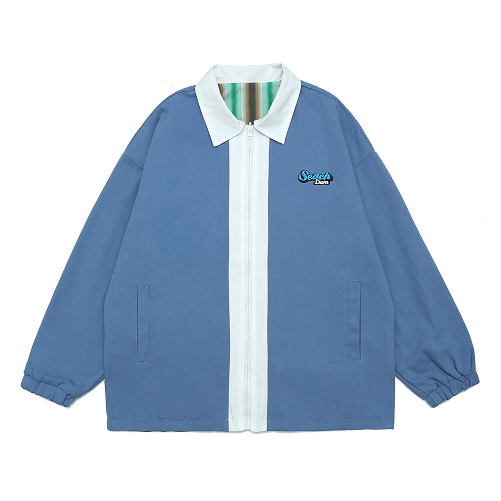 Mörk ikon randig slitstark jacka herrfickor koreansk stil lös jacka streetwear herrjacka: Blå / M