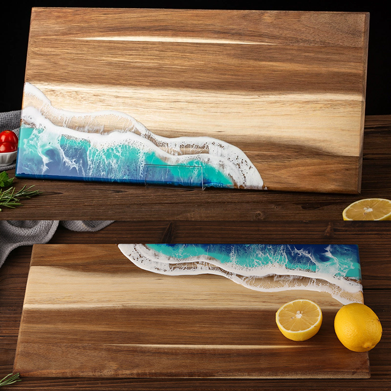 Deska robić krojenia z drewna akacjowego z żywicy epoksydowej, dekoracja z motywem oceanicznych fal, deska kuchenna robić przygotowywania posiłków i serwowania wędlin, deska robić chleba challah.