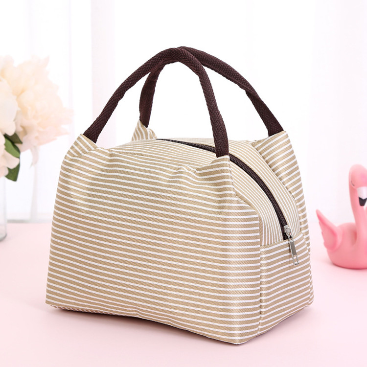 Leisure Women Portable Lunch Bag Canvas Stripe Insulated Cooler Bags Thermal Food Picnic Lunch Bags Box Kids Ice Pack Tote: Beige