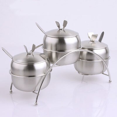 XMT-HOME de acero inoxidable para azúcar, recipientes para tarros de condimentos, sal, bote de especias con tapa, soportes para cuchara para Cocina: 3bowls quality