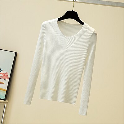 Herfst winter truien dames chique v-hals slanke trui dames gebreide truien lange mouwen warme basic zwarte tops: Wit