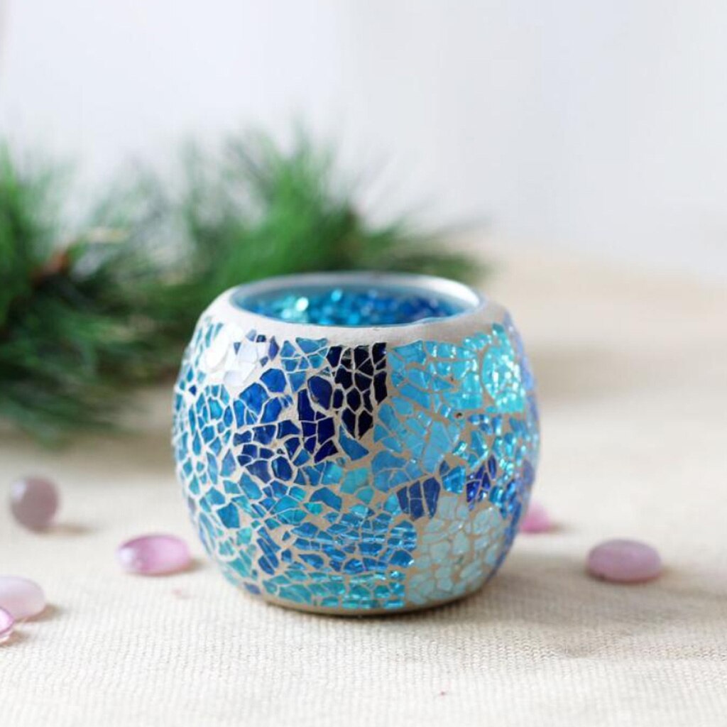 2Pcs Vinatge Mozaïek Glazen Kaarshouder Votive Kaarsen Theelichtjes Houder Blauw Kandelaar Kaars Kom Cups Set Home Decor props