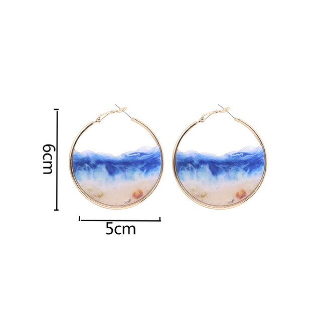 Fairy Blue Ocean Hoop Earrings Sea Earrings Female Beach Earrings Enamel Sea Shell Big Circle Earrings Summer Jewelry