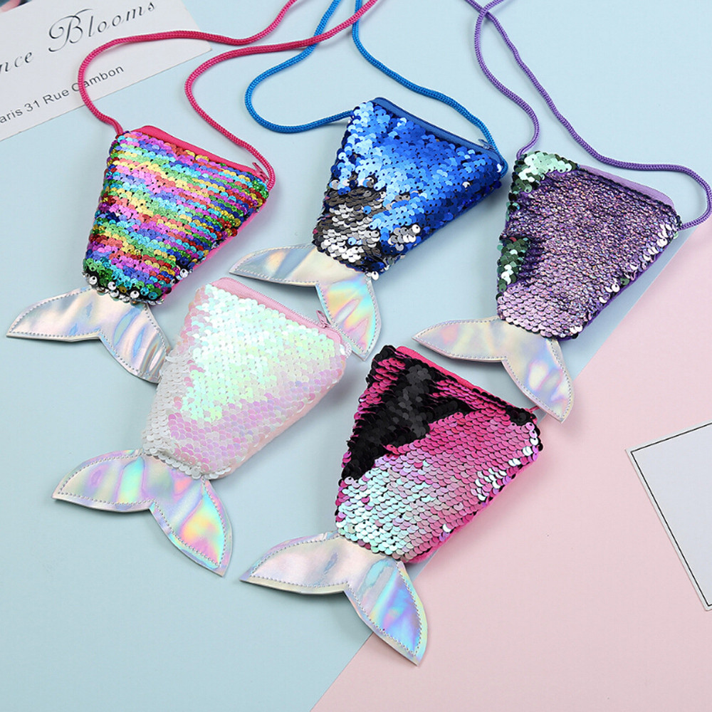 Small Coin Purses Sequins Children Handbags Zipper Panelled Fish Shape Wallets Cute Pouch Key Packet Handbag Women Girls