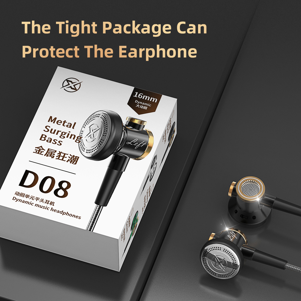 D08 Metalen HiFi 3,5 mm in-ear hoofdtelefoon Platte kop oortelefoon met microfoon Bedraad helder geluid Bass-headsets voor sportmuziek Gamer