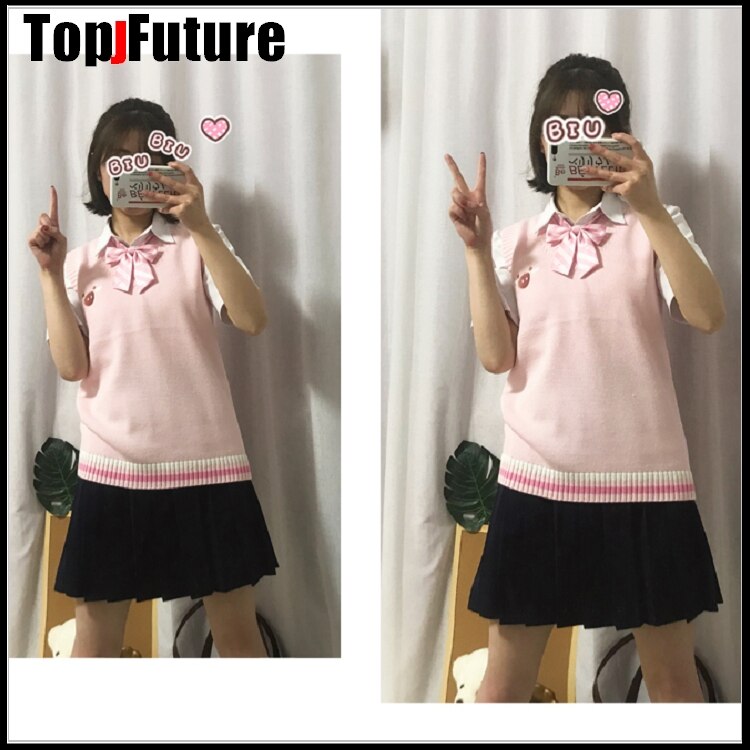 PINK Japanese girl's Knitted Vest cute versatile sweater school Uniform Cardigans PINK BIG NOSE embroidery sweater