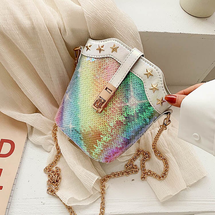 Kleurrijke pailletten ronde witte en blauwe nieuwe dames schoudertas met ketting, handtassen en portemonnees, crossbody mini tas voor dames, bosla tote bag: Witte b