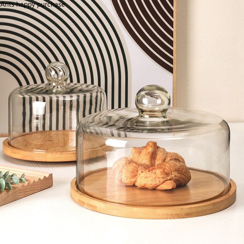 Wooden Cake Tray Glass Cover Rotatable Cake Stand Dessert Plate Bread Dim Sum Plate Cake Pan Snack Trays Decorative Display Tray