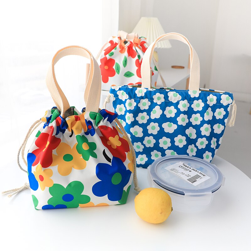 Cute Small Shopping Bag Foldable Cartoon Flowers Lunch Box Tote Bags For Women Canvas Bolso Shopper Waterproof Drawstring Tote