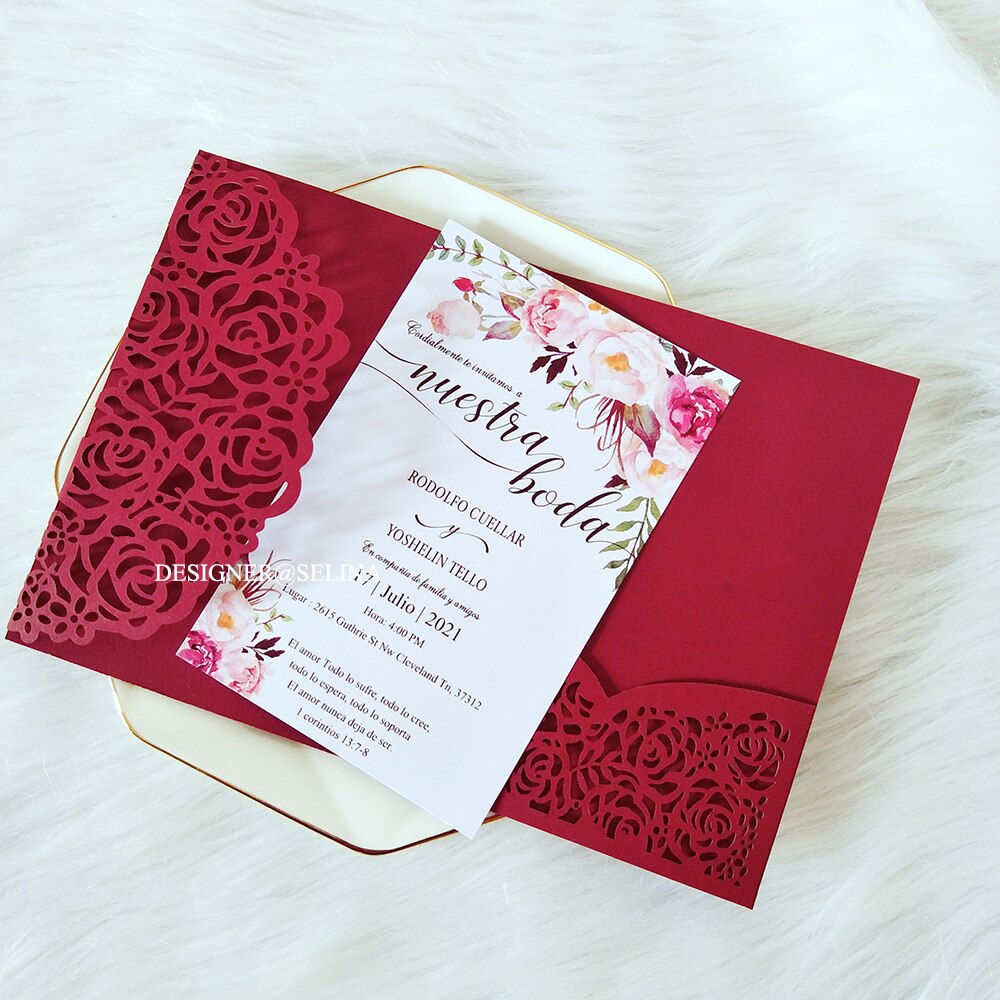 Burgundy Flower Print Wedding Invitation With Information Card And Envelope DIY Greeting Cards For Announcement Party