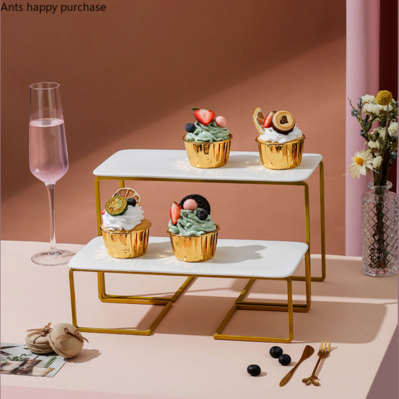 Golden Wrought Iron Cake Stand White Ceramic Plate Cake Pan Snacks Dessert Plate Display Stand Banquet Desktop Decorative Frame