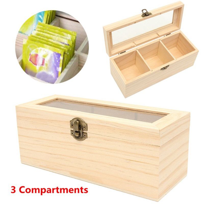 Wooden Tea Box 3 Compartments Storage Container Jewelry Accessories Box H55A