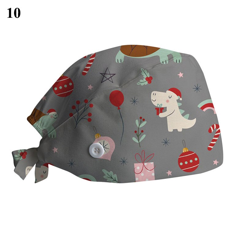 Kerstprint chirurgische muts voor dames heren verpleegstersmuts met knoop zweetabsorberende handdoek doktersmuts scrub muts gesp baotou muts: 10