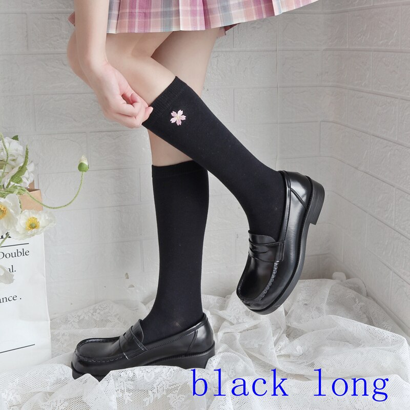 Embroidered Black White Lolita Women's Stocking Short Japanese JK Student Cotton Cherry Blossom Cute Harajuku Girl Cosplay Socks: lw1985-black long