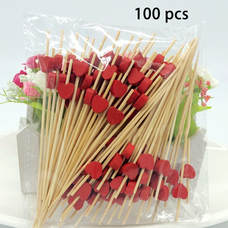 100 Stks/pak Cupcake Fruit Vork Draagbare Bamboe Party Dessert Stok Reizen Accessoires Liefde Patroon Voor Bruiloft Decor Wegwerp: red love