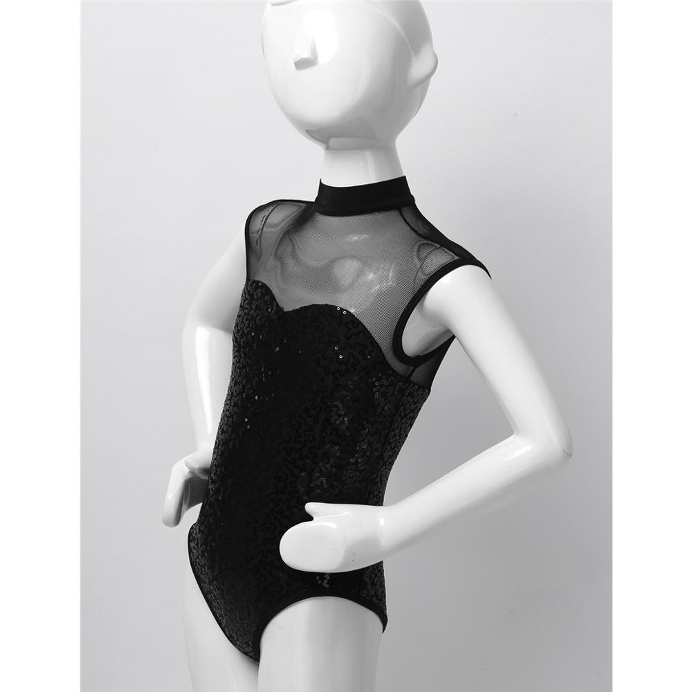 Kids Girls Gymnast Leotard Sequins Sleeveless Tulle Splice Keyhole Back Teens Ballet Gymnastics Leotard Dance Gymnastic Jumpsuit