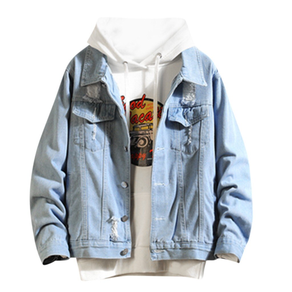 Mænd vinterjakke efterår vinter casual langærmet denimjakke cool hole frakker: Blå / Xl