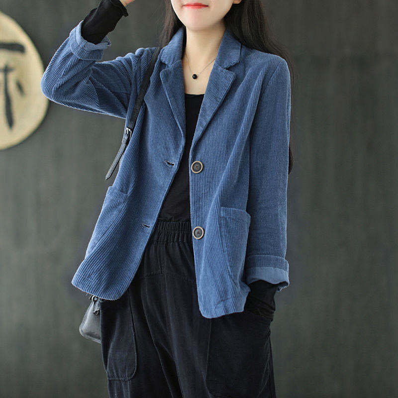 Chaqueta Vintage de pana para mujer, abrigo informal de manga larga, color azul y negro, primavera y otoño,: L / Azul