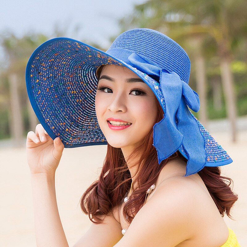 Women Ladies Summer Hats Straw Hats Bow Beach Foldable Sun Hats