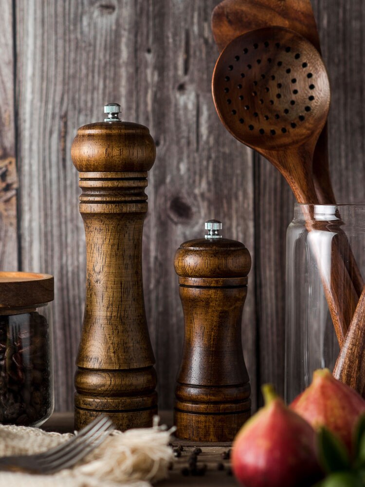 5" 8" 10" Salt and Pepper Grinder, Solid Wood Spice Pepper Mill with Strong Adjustable Ceramic Grinder Kitchen Cooking Tools