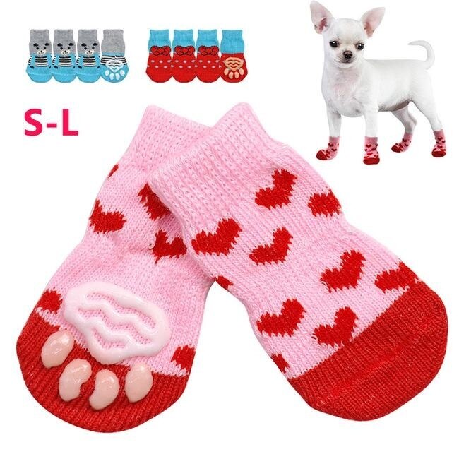 4 Stks/Set Schattige Puppy Hond Gebreide Sokken Kleine Honden Katoen Anti-Slip Kat Schoenen For A Herfst Winter indoor Slijtage S