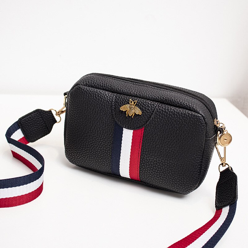 Bee Tassen Vrouwen Schouder/Crossbody Tas Streep Rits Mode Riem Stijl Mini Purse: black