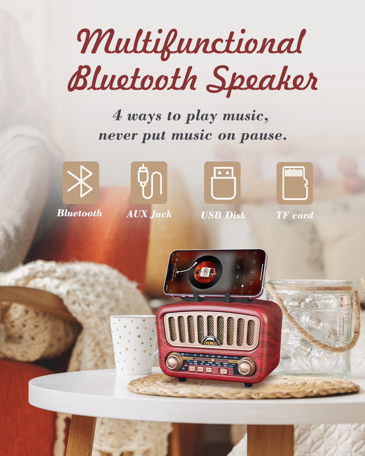 Retro FM Radio Portable AM Receiver Vintage Bluetooth Speaker Subwoofer TF/USB/Headphones Player Rechargeable Radios for