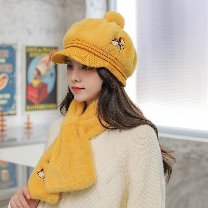 Chapeau octogonal en laine de pour adulte, couvre-chef femme papillon avec couvre-cou, deux pièces, neige, pour l&#39;extérieur, hiver 100%
