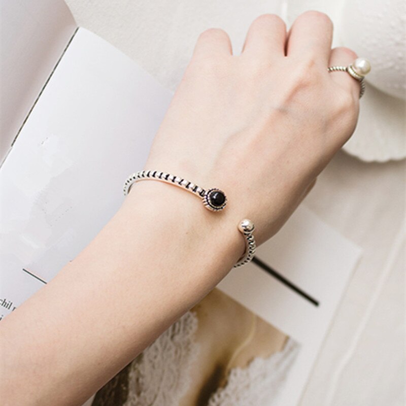 Retro 925 Sterling Silver Jewelry Bracelets Personality Round Black Gem Twist Wild Exquisite Bangles
