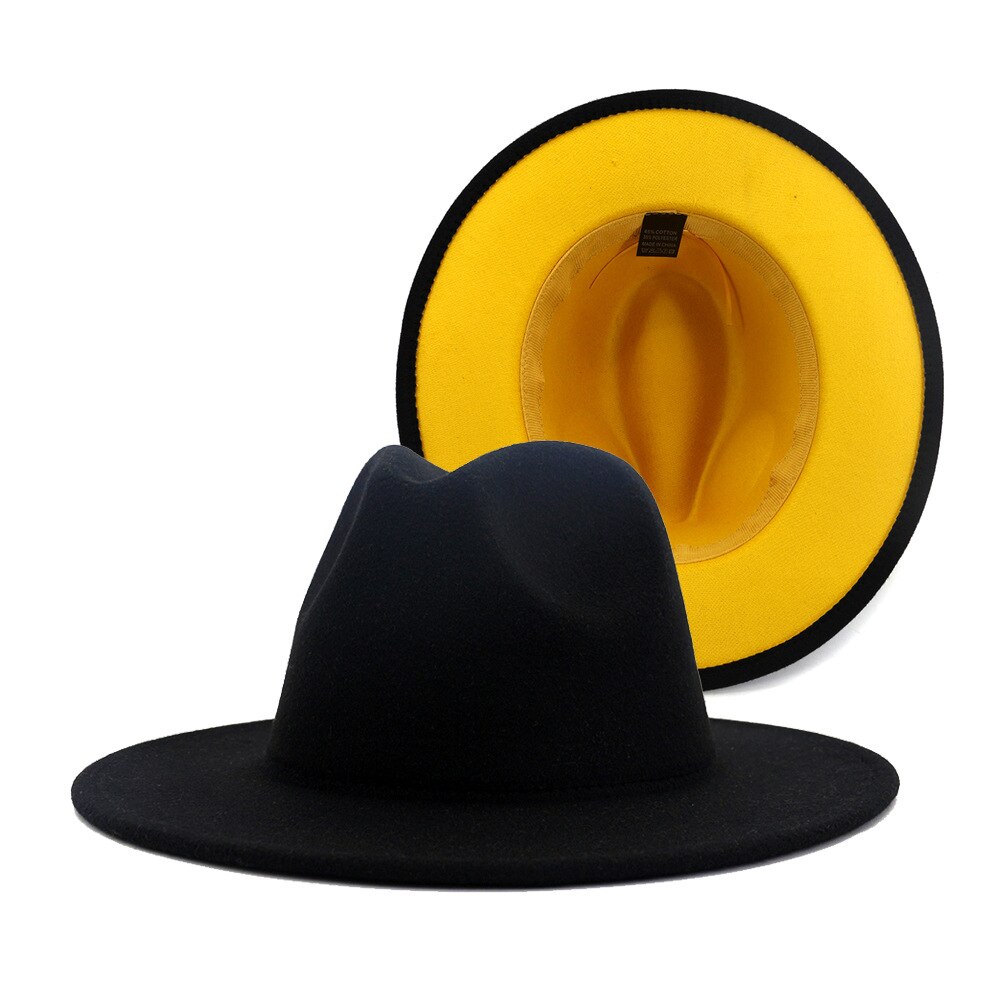Fs 60cm hat sort gul patchwork fedora hatte til kvinder bred rand jazz uldfilt panama trilby hætter mænd vintage gambler cap: 59 to 60cm