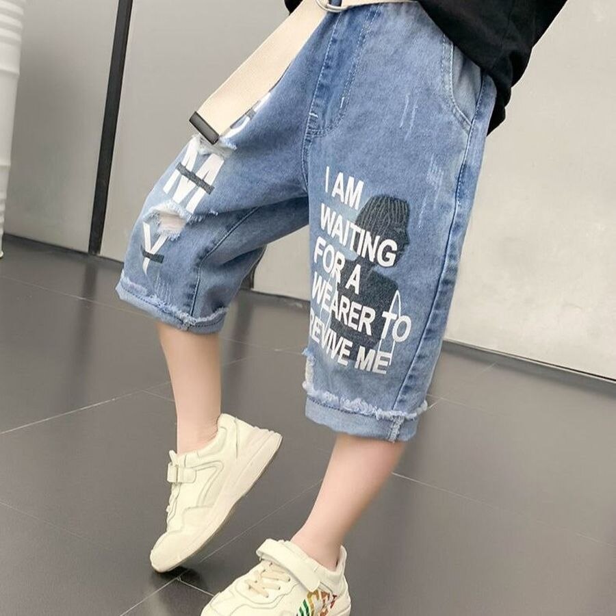 Pantalones cortos de mezclilla rasgados para niños, pantalón corto de algodón vaquero para niño, cintura elástica con letras para playa informal para niño adolescente de 110 a 170