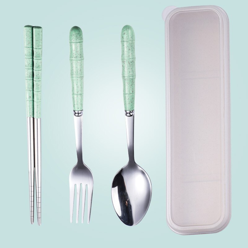 Tragbares edelstahl-essgeschirr-einstellen aus weizenstroh, essstäbchen, löffel und gabel, geschirr für kinderküchen-essgeschirr-einstellen: Grün -3 stück