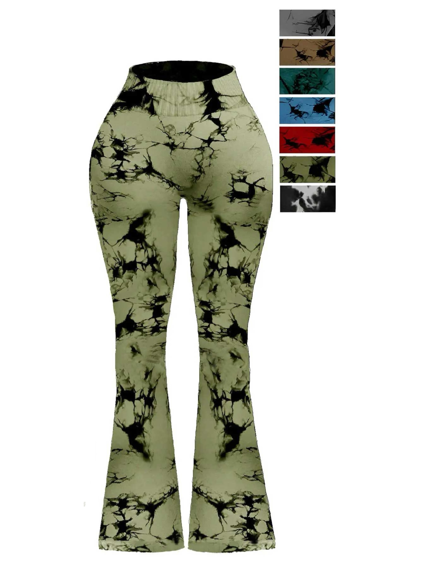 Nahtlose, enge, atmungsaktive Damenhose mit hoher Taille und elastischem Batikmuster und schmalem Schlag: XL / Grün