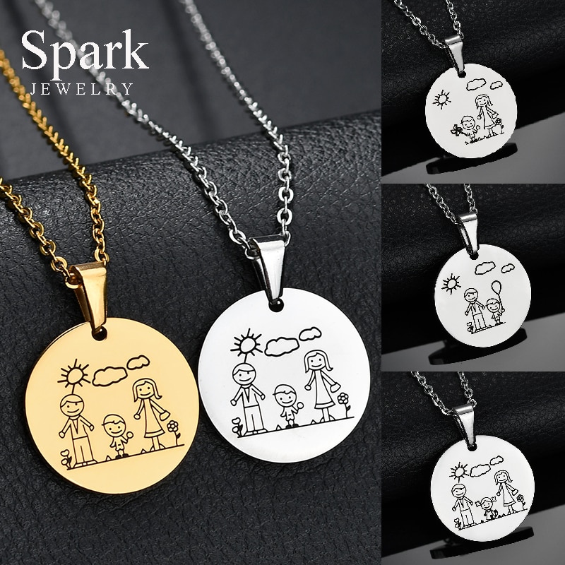 Lovely 316L Stainless Steel Family Necklace & Pendant For Mom Dad Son Daughter Love Cartoon Gold Color Link Chain Necklace