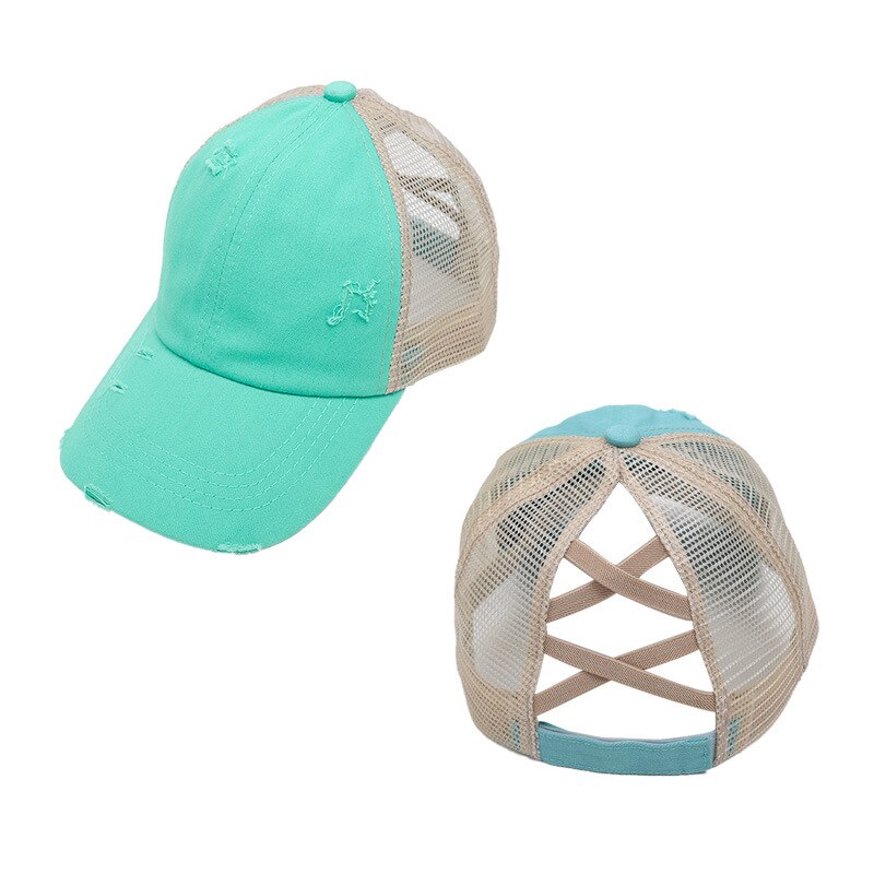 Verstelbare outdoor sport gat casual criss cross paardenstaart mesh zonnehoed reizen magische sticker baseball pet unisex zomer: Meerblauw