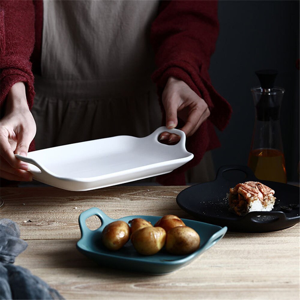 Ins Nordic Ceramic Storage Tray with Handle European Chic Rectangle Dessert Fruit Salad Food Kitchen Storage Plate Table Decor