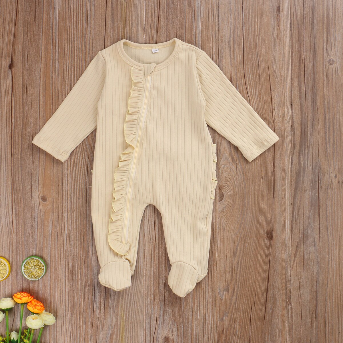 0-6m nyfødte spædbarn baby piger drenge romper ét stykke fødder pyjamas slik farver langærmet flæse lynlås nattøj nattøj