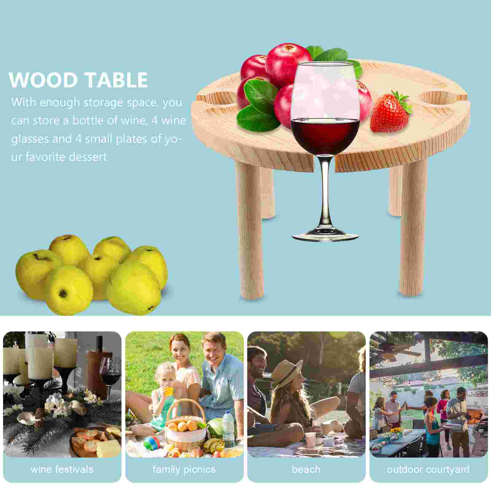 1Pc Outdoor Round Table Wood Glasses Storage Table Food Serving Desk