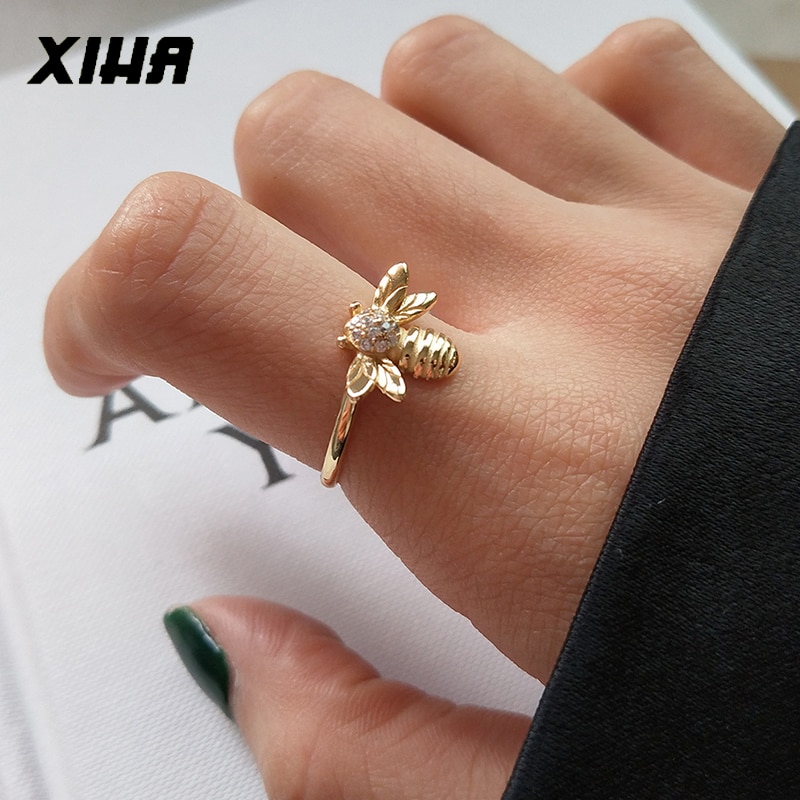 925 Sterling Silver Rings Minimalistic Honey Bumble Bee Ring for Women Bijoux Resizable Zircon Gold Color Ring with Stone