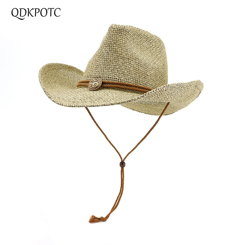 QDKPOTC Summer Unisex Western Cowboy Hats Hollow Straw Cap With Rope Outdoor Sandy Beach Men Women Caps Sun Hats