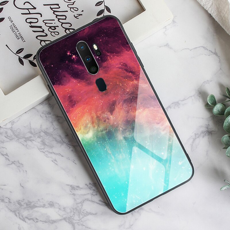 GFATIH Für OPPO A9 Fall Feder Print Starry Sky Gehärtetem Glas Telefon Fall Für Oppo A5 Abdeckung funda: OPPO A9 2020 / Pattern 3