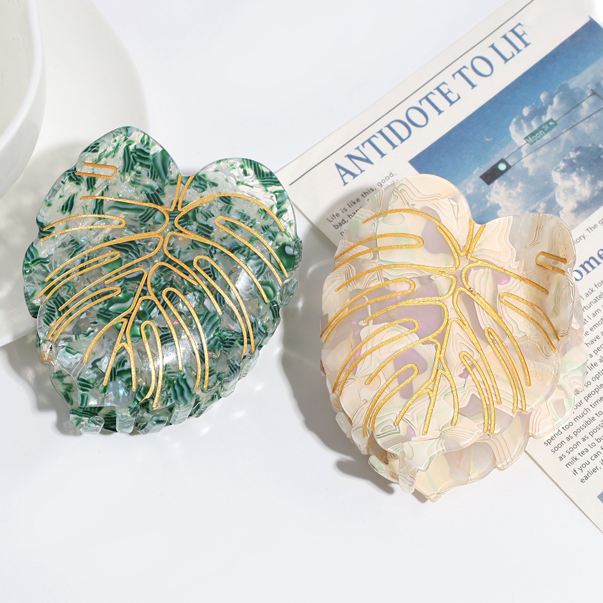 Pinza para el pelo de hoja verde esmeralda de estilo mundial refrescante, de personalidad, pinzas para el pelo de acetato, accesorios para el cabello para mujeres y niñas