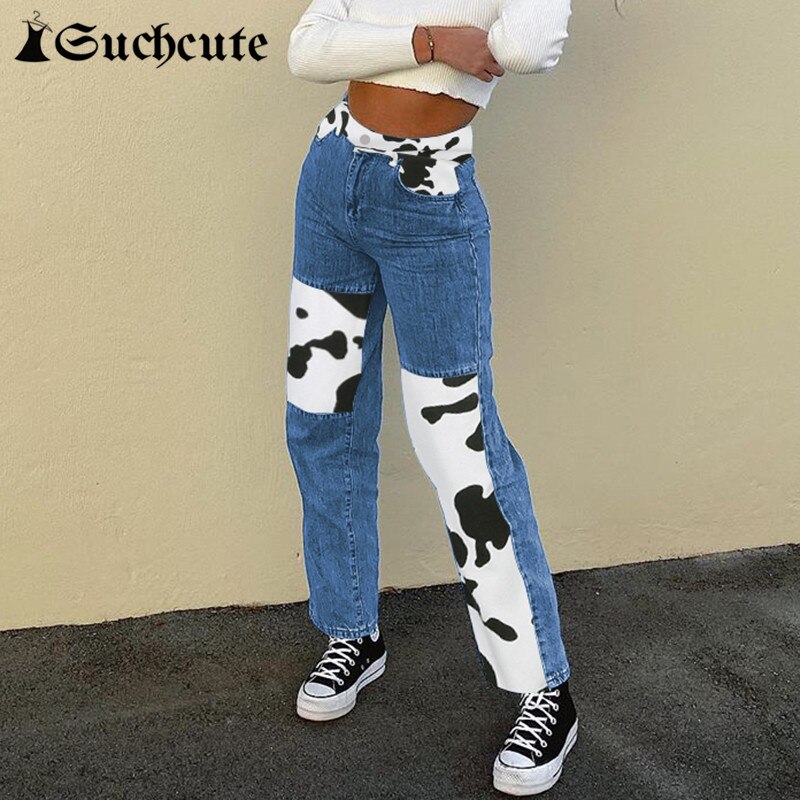 SUCHCUTE nadruk z krową patchworkowe damskie spodnie jeansowe wysokiej talii kobiece proste spodnie Streetwear 90s strój codzienny spodnie