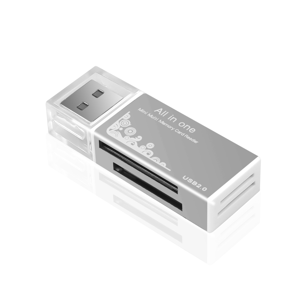 Lector de tarjetas todo en 1 Lector de tarjetas SD TF Ranura para tarjeta de memoria flash Adaptador de memoria USB 2.0 Plug and Play para computadora portátil PC de escritorio: Plata