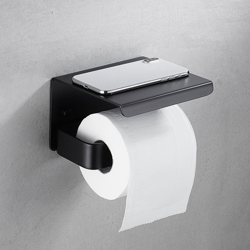 Dobbeltrulle toiletpapirholder hylde på vægmontering, badeværelse dobbelt tissue-rulleholder med telefoner / klude opbevaringsstativ mat sort: Enkelt rulle