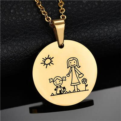 Lovely 316L Stainless Steel Family Necklace & Pendant For Mom Dad Son Daughter Love Cartoon Gold Color Link Chain Necklace: girl and mom gold