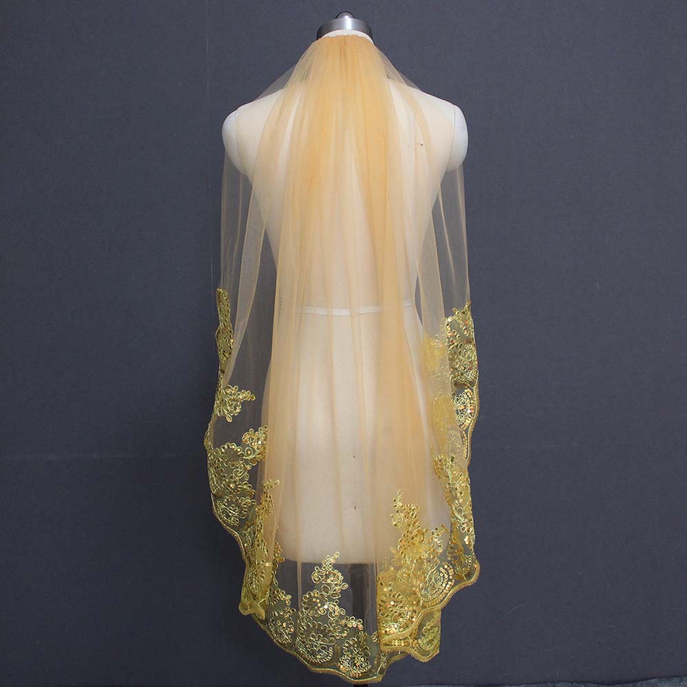 Gouden Bruiloft Sluier Korte Sluier met Gedeeltelijke Kant Bling Pailletten Goud Kleur Lace Bridal Veil met Kam Bruiloft Accessoires