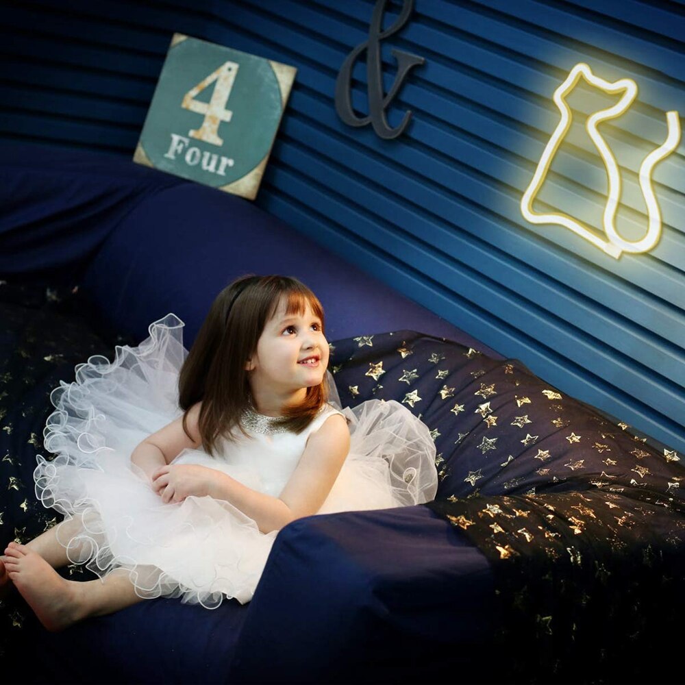 Dekorativt ført neon natlys usb og batteridrevet katformet natlys vægbelysning bordindretning til børneværelse